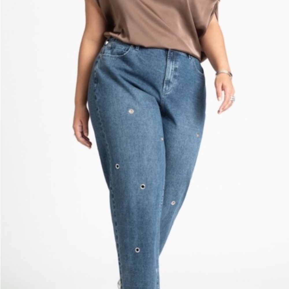 Eloquii Blue Straight Leg Jeans with Eyelet Detail